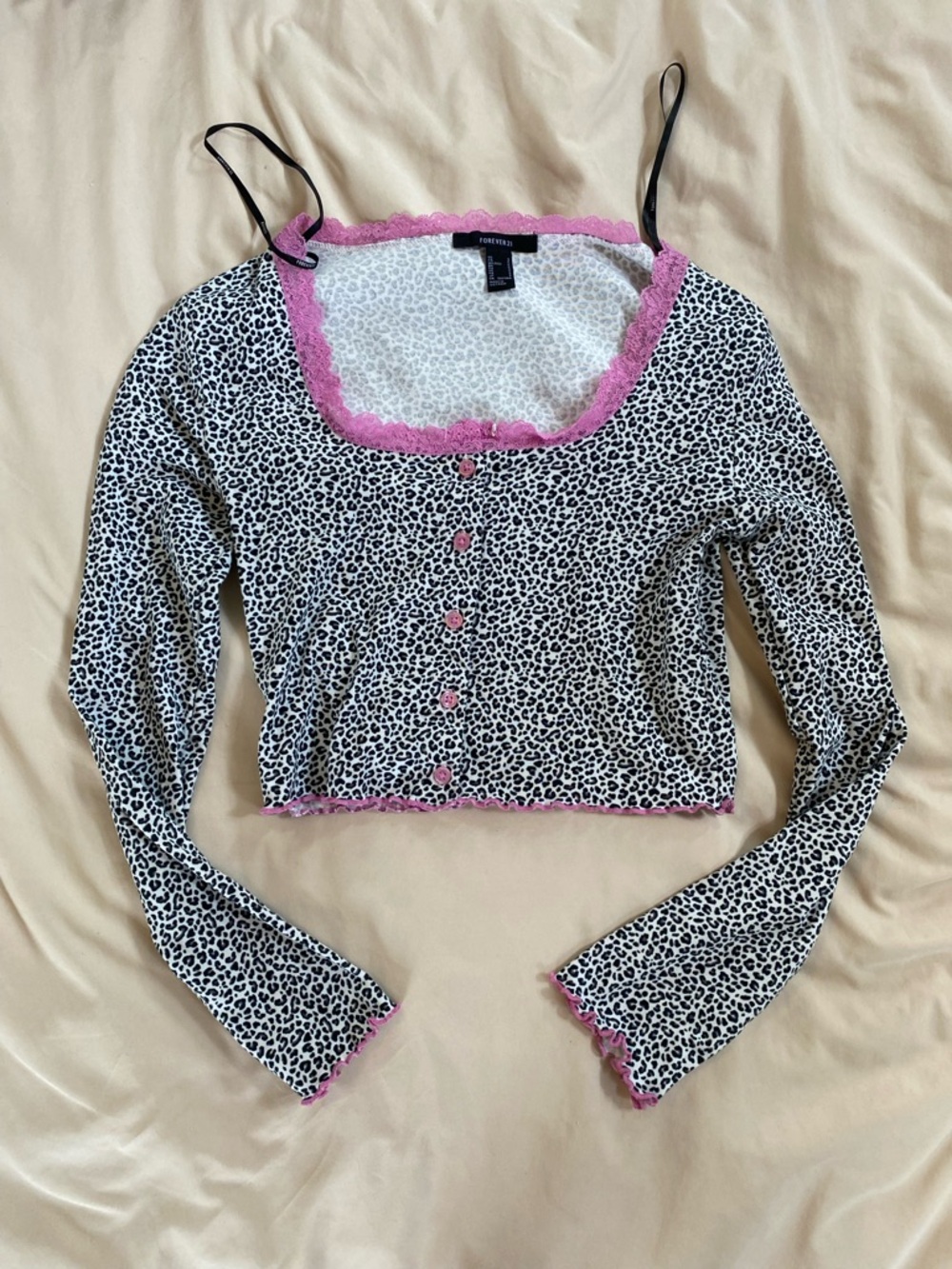 Forever 21 Black & White Leopard Crop Cardigan with Pink Trim
